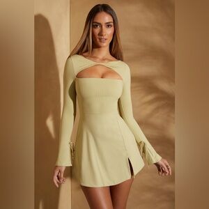 Oh Polly Long Sleeve Twist Front Mini Dress in Sage